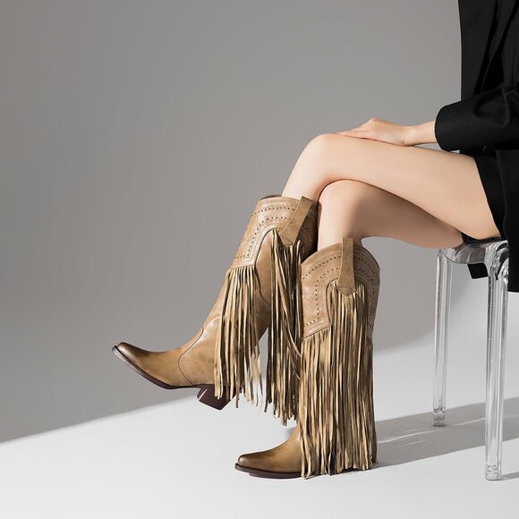 Women's Fashion Pointed Toe Chunky Pull On Knee High Heel Embroidered Tan Boot - Picture 8 of 8